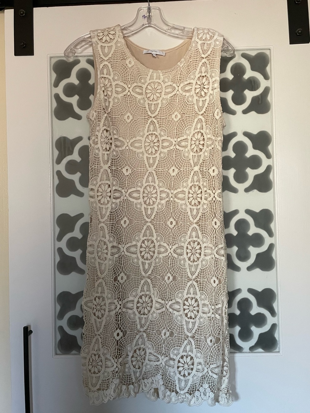 Mystree Crochet Lace Shift Dress Ivory Nude Lined Boho M